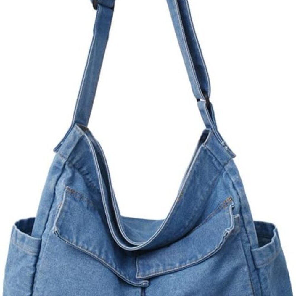 Denim Shoulder Bag Casual Style Lightweight Retro Travel Shopper Crossbody Handb